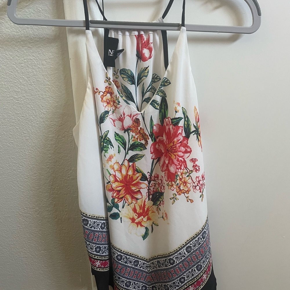 Iz Byer Floral Top with Red and Yellow Accents